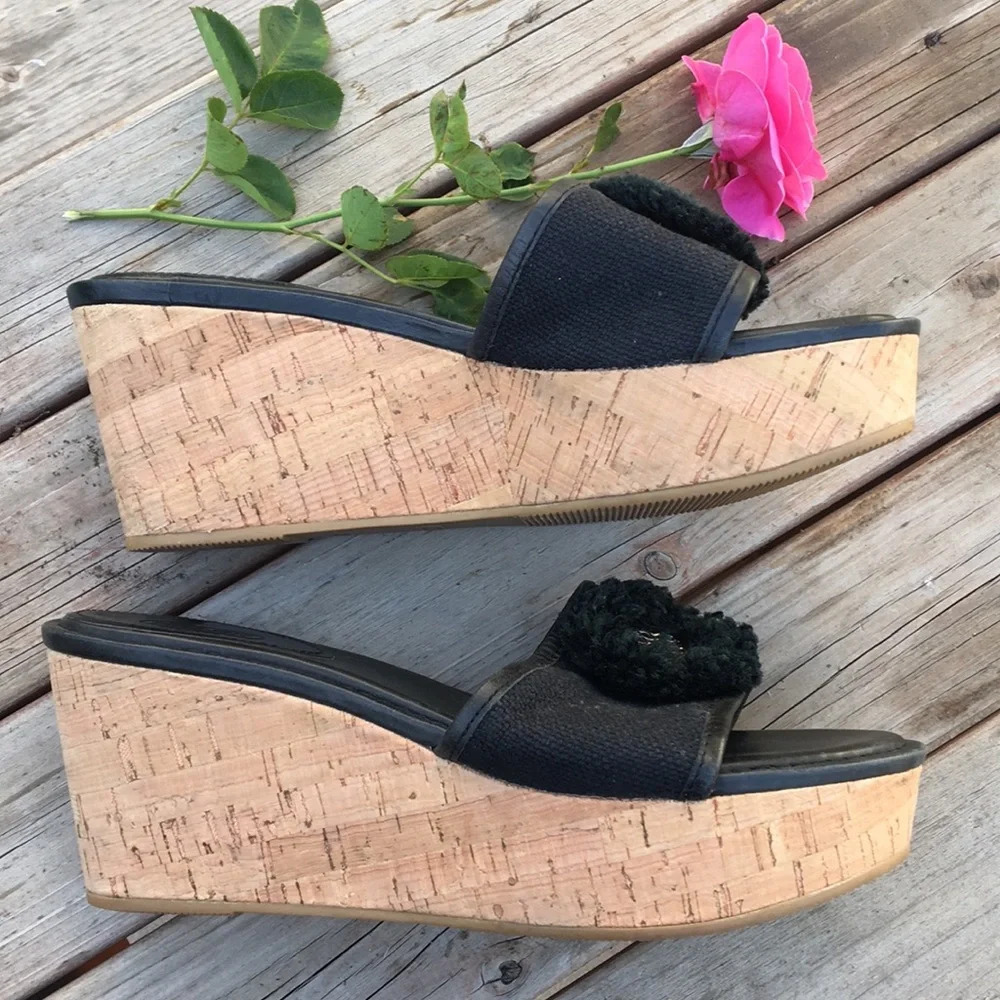 Coach Cork Black Wedge Sandals